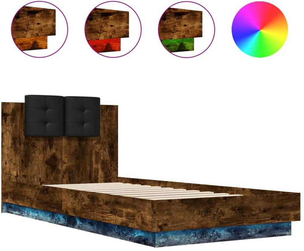 Lovos rėmas su galvūgaliu ir LED lemputėmis, dūminis, 90x200cm