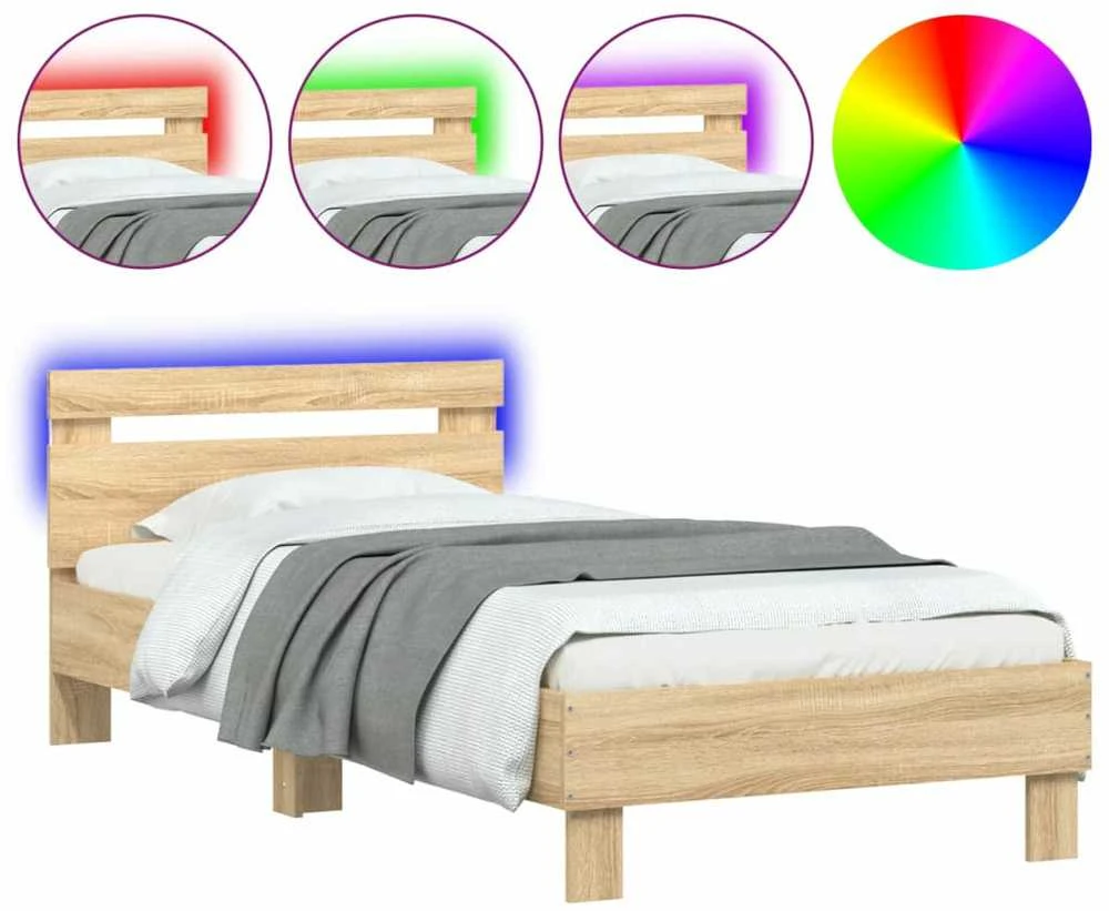 Lovos rėmas su galvūgaliu ir LED lemputėmis, ąžuolo, 90x200cm