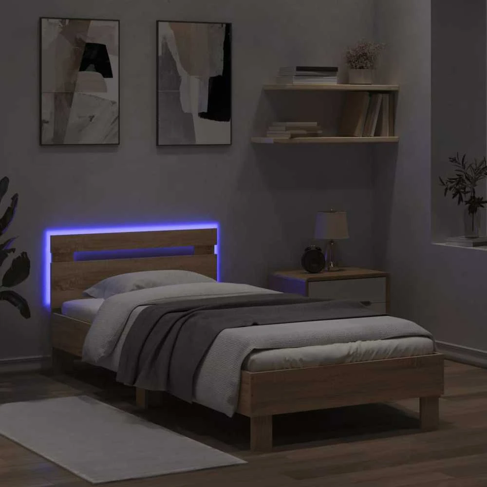 Lovos rėmas su galvūgaliu ir LED lemputėmis, ąžuolo, 90x200cm