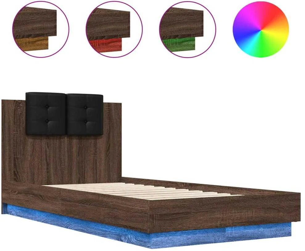 Lovos rėmas su galvūgaliu ir LED lemputėmis, rudas, 90x190cm