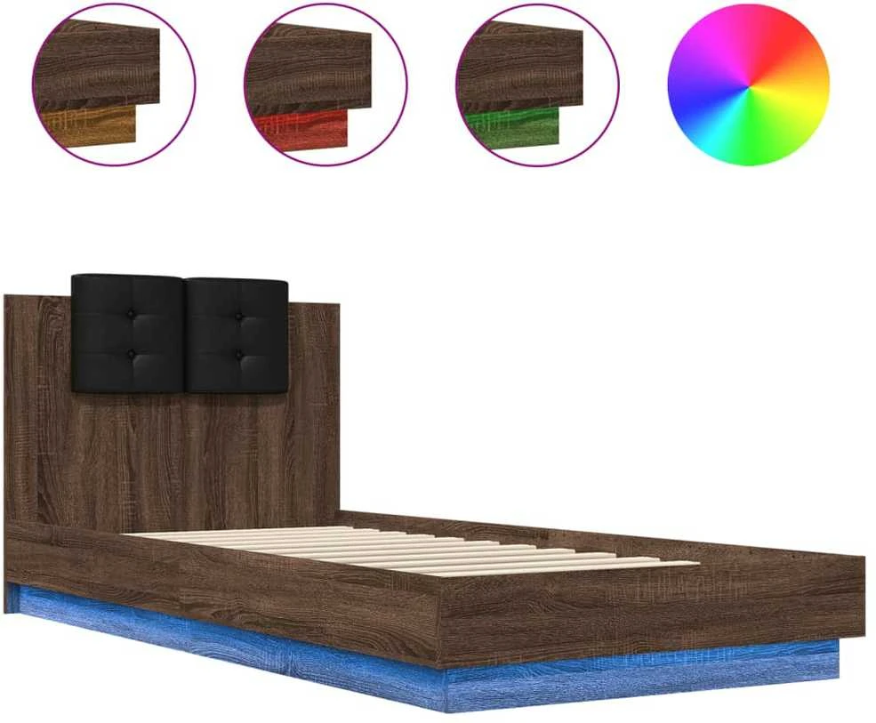Lovos rėmas su galvūgaliu ir LED lemputėmis, rudas, 100x200cm