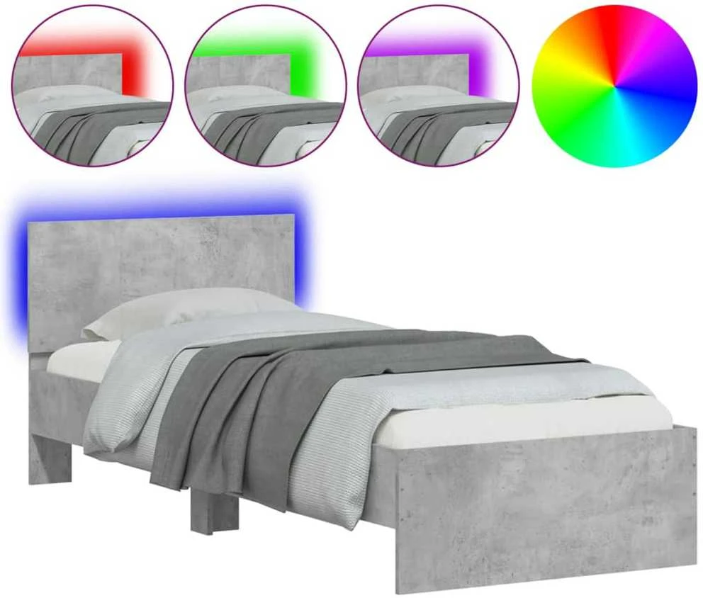 Lovos rėmas su galvūgaliu ir LED lemputėmis, betono, 90x190cm