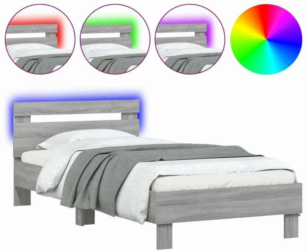 Lovos rėmas su galvūgaliu ir LED lemputėmis, pilkas, 90x190cm