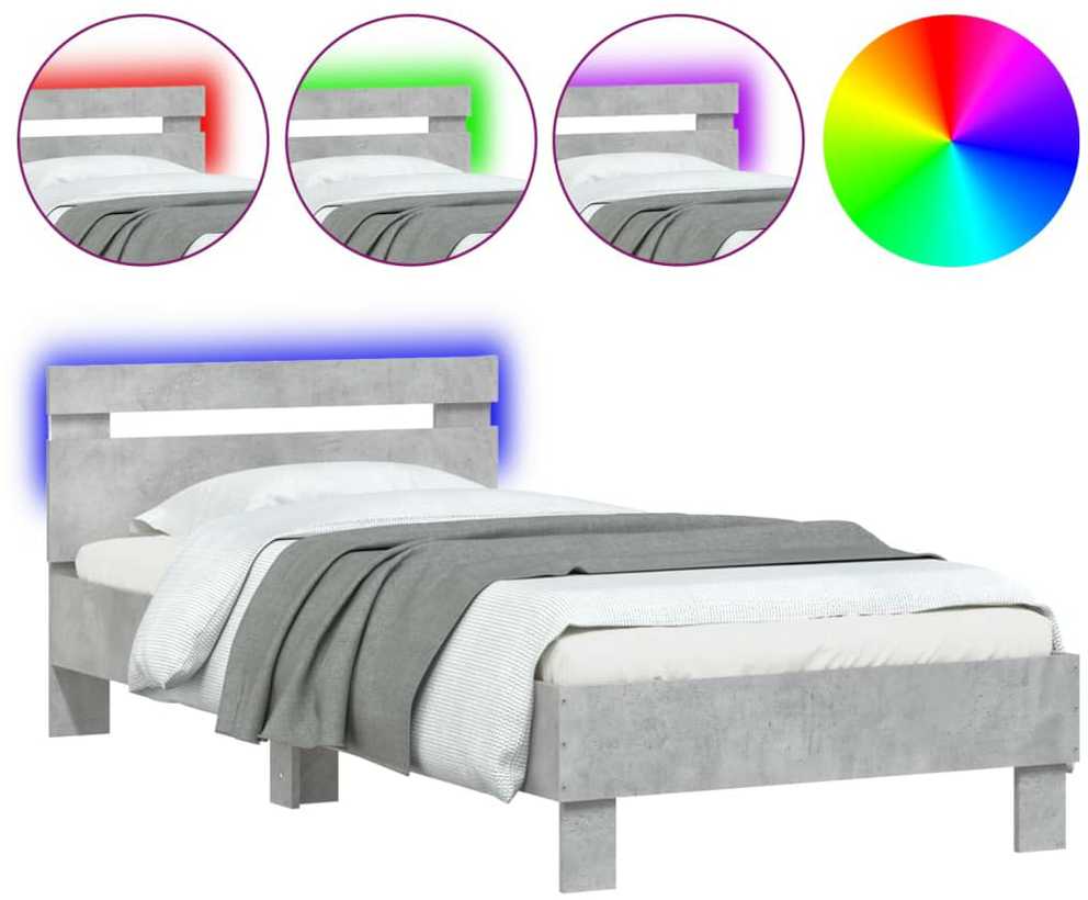 Lovos rėmas su galvūgaliu ir LED lemputėmis, betono, 75x190cm