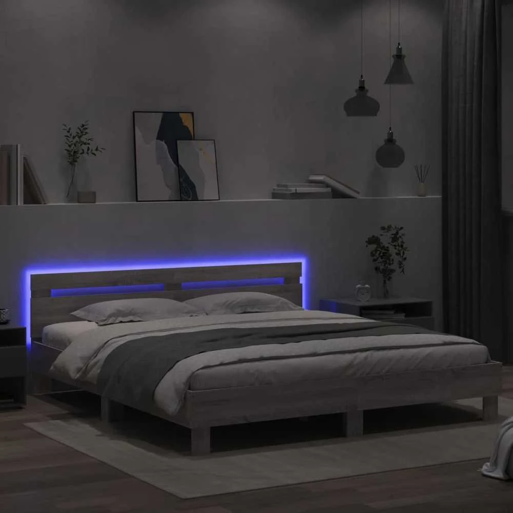Lovos rėmas su galvūgaliu ir LED, pilkas ąžuolo, 180x200cm