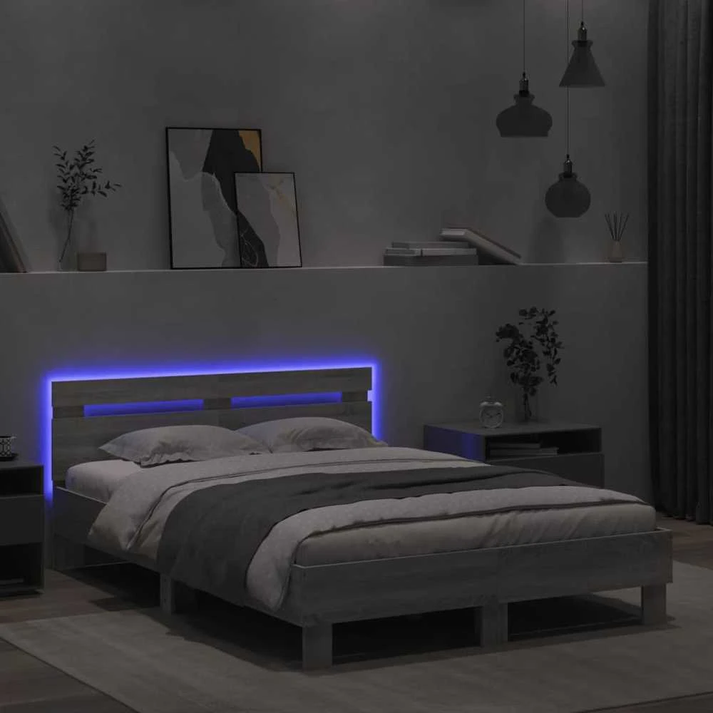 Lovos rėmas su galvūgaliu ir LED, pilkas ąžuolo, 120x190cm