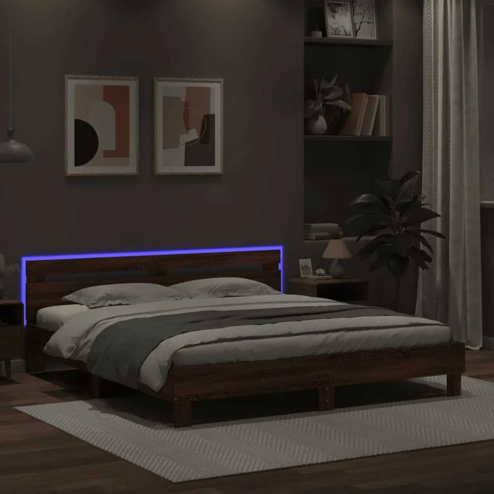 Lovos rėmas su galvūgaliu ir LED, rudas ąžuolo, 160x200cm