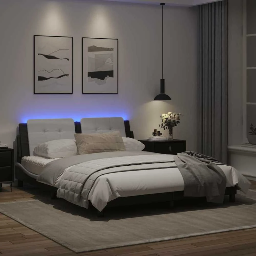 Lovos rėmas su LED, baltas ir juodas, 160x200cm, dirbtinė oda