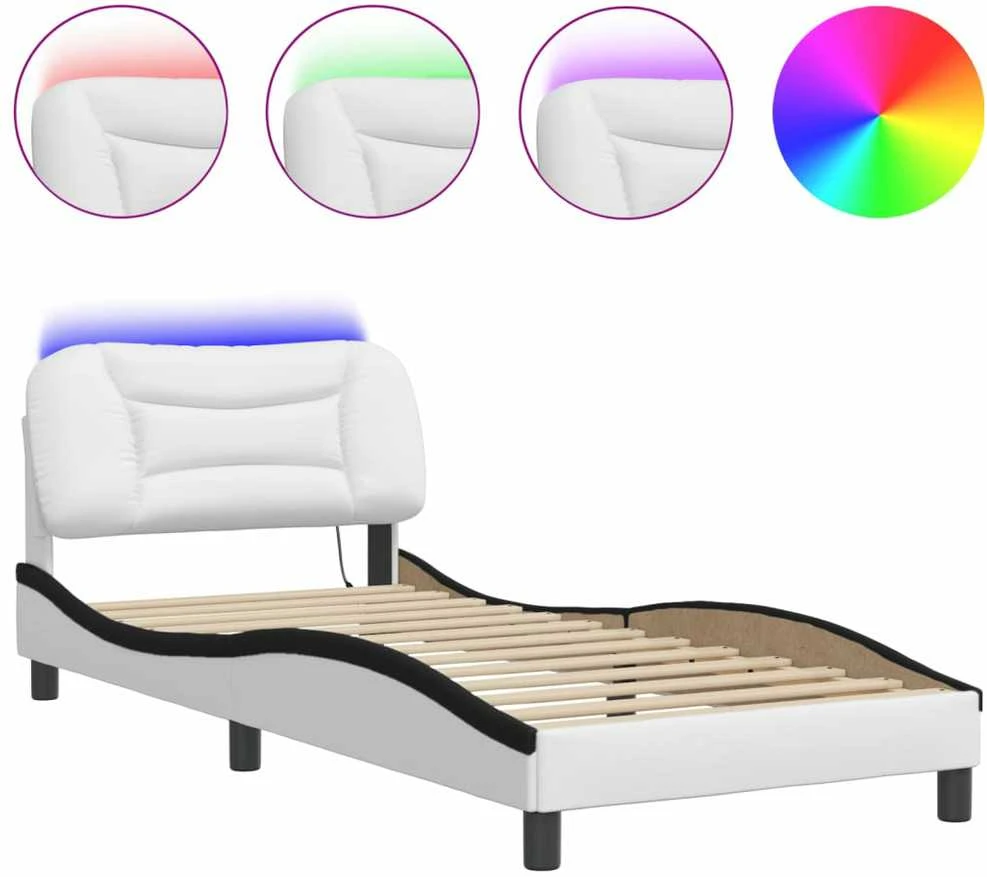 Lovos rėmas su LED, baltas ir juodas, 90x190cm, dirbtinė oda