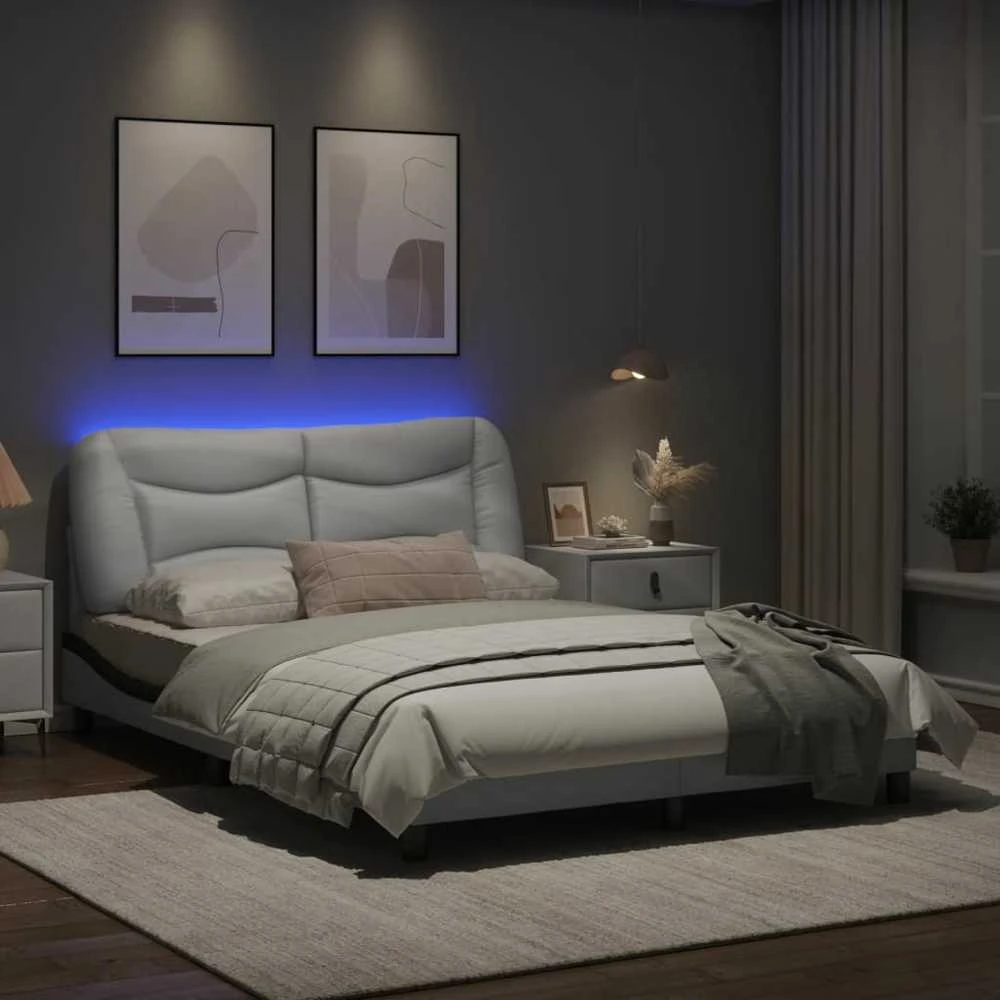 Lovos rėmas su LED, baltas ir juodas, 140x190cm, dirbtinė oda