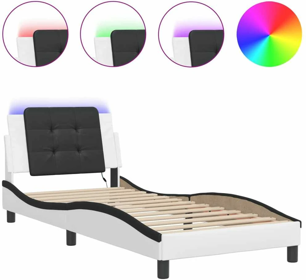 Lovos rėmas su LED, baltas ir juodas, 90x190cm, dirbtinė oda