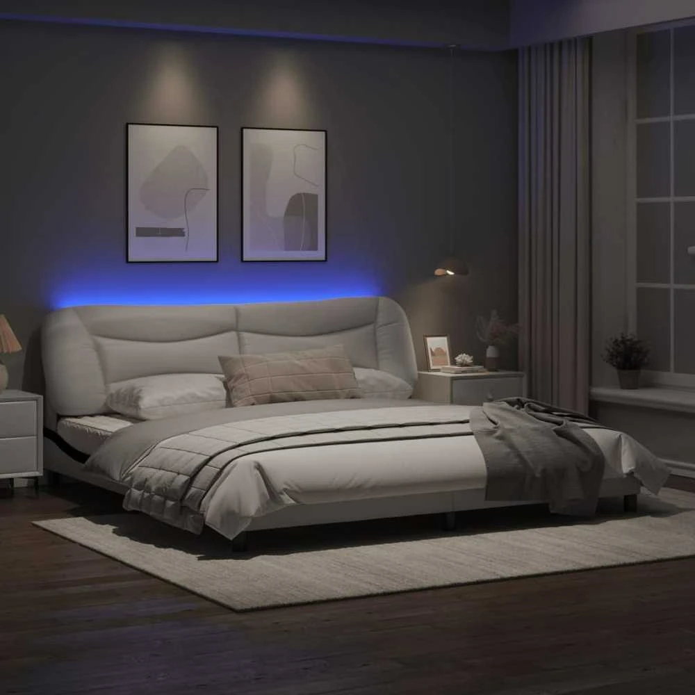 Lovos rėmas su LED, baltas ir juodas, 200x200cm, dirbtinė oda