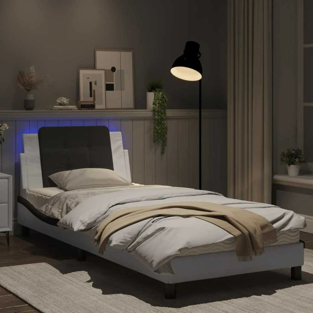 Lovos rėmas su LED, baltas ir juodas, 90x200cm, dirbtinė oda