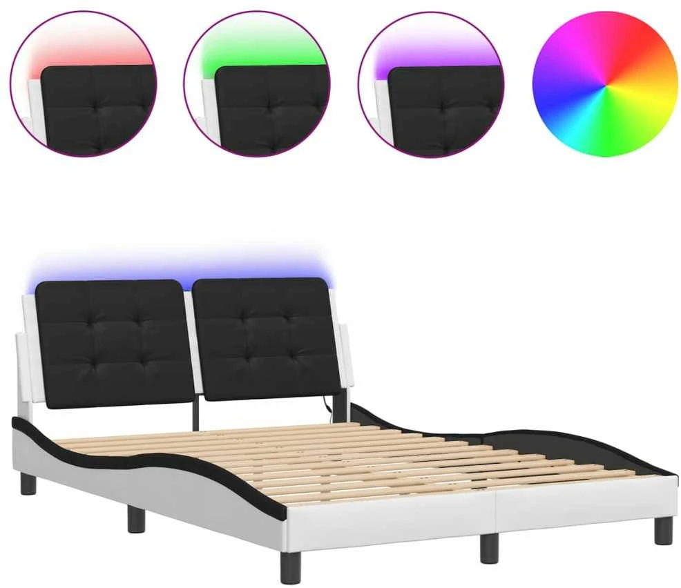 Lovos rėmas su LED, baltas ir juodas, 140x200cm, dirbtinė oda