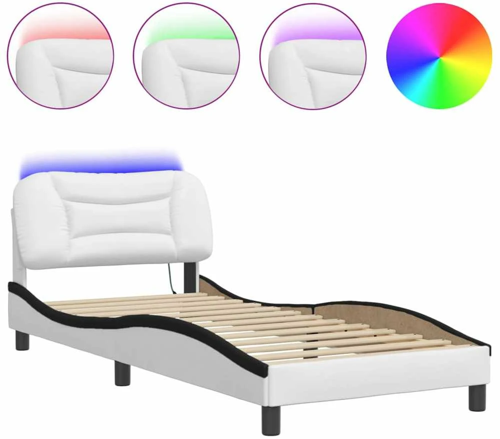 Lovos rėmas su LED, baltas ir juodas, 80x200cm, dirbtinė oda