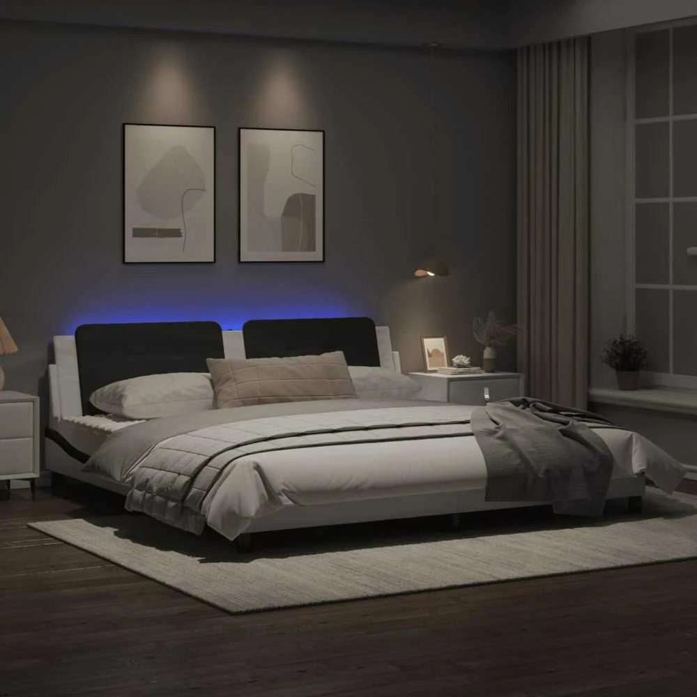 Lovos rėmas su LED, baltas ir juodas, 200x200cm, dirbtinė oda