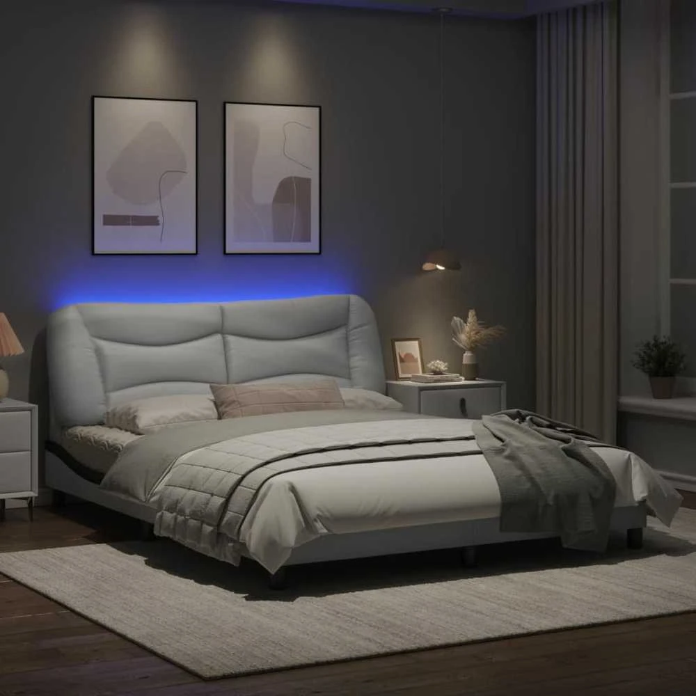 Lovos rėmas su LED, baltas ir juodas, 160x200cm, dirbtinė oda