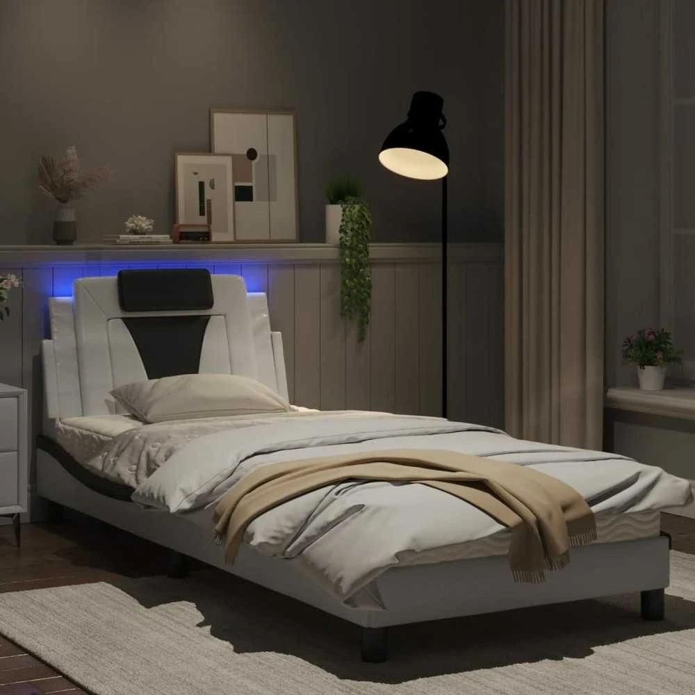 Lovos rėmas su LED, baltas ir juodas, 90x190cm, dirbtinė oda