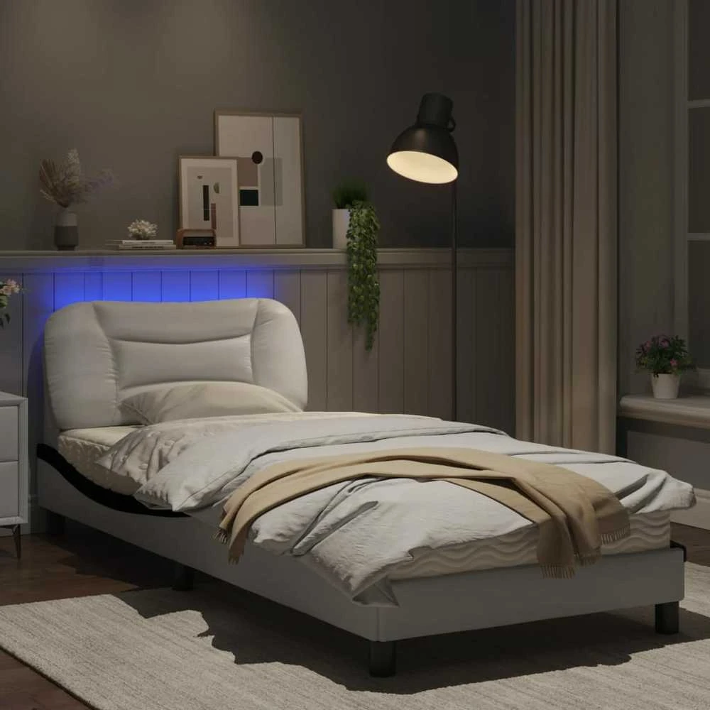 Lovos rėmas su LED, baltas ir juodas, 90x190cm, dirbtinė oda