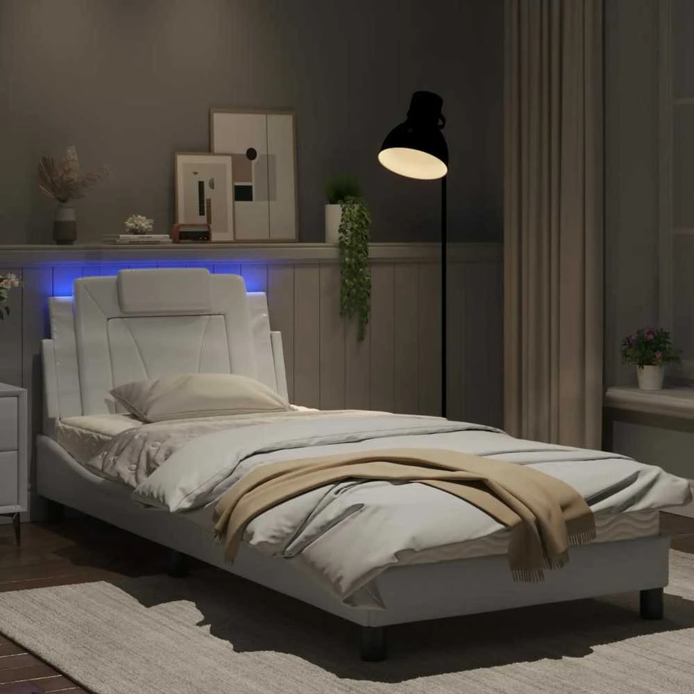 Lovos rėmas su LED, baltos spalvos, 90x190cm, dirbtinė oda