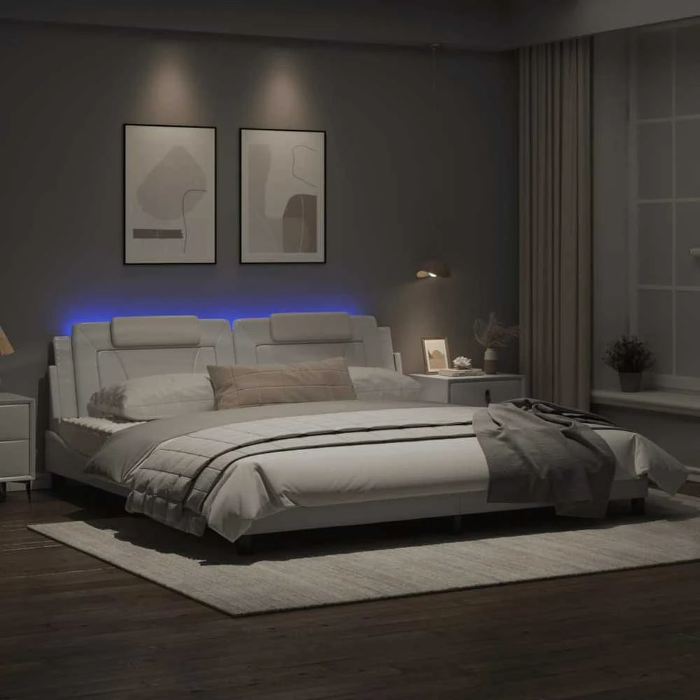 Lovos rėmas su LED, baltos spalvos, 200x200cm, dirbtinė oda