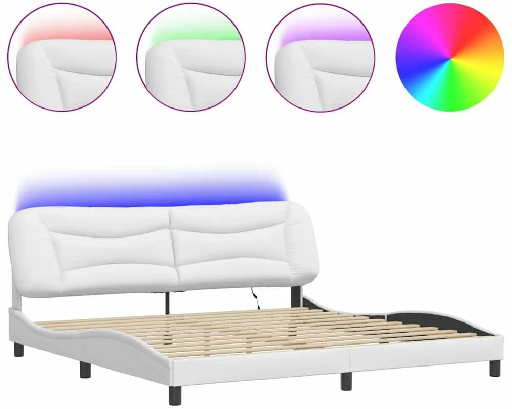 Lovos rėmas su LED, baltos spalvos, 200x200cm, dirbtinė oda