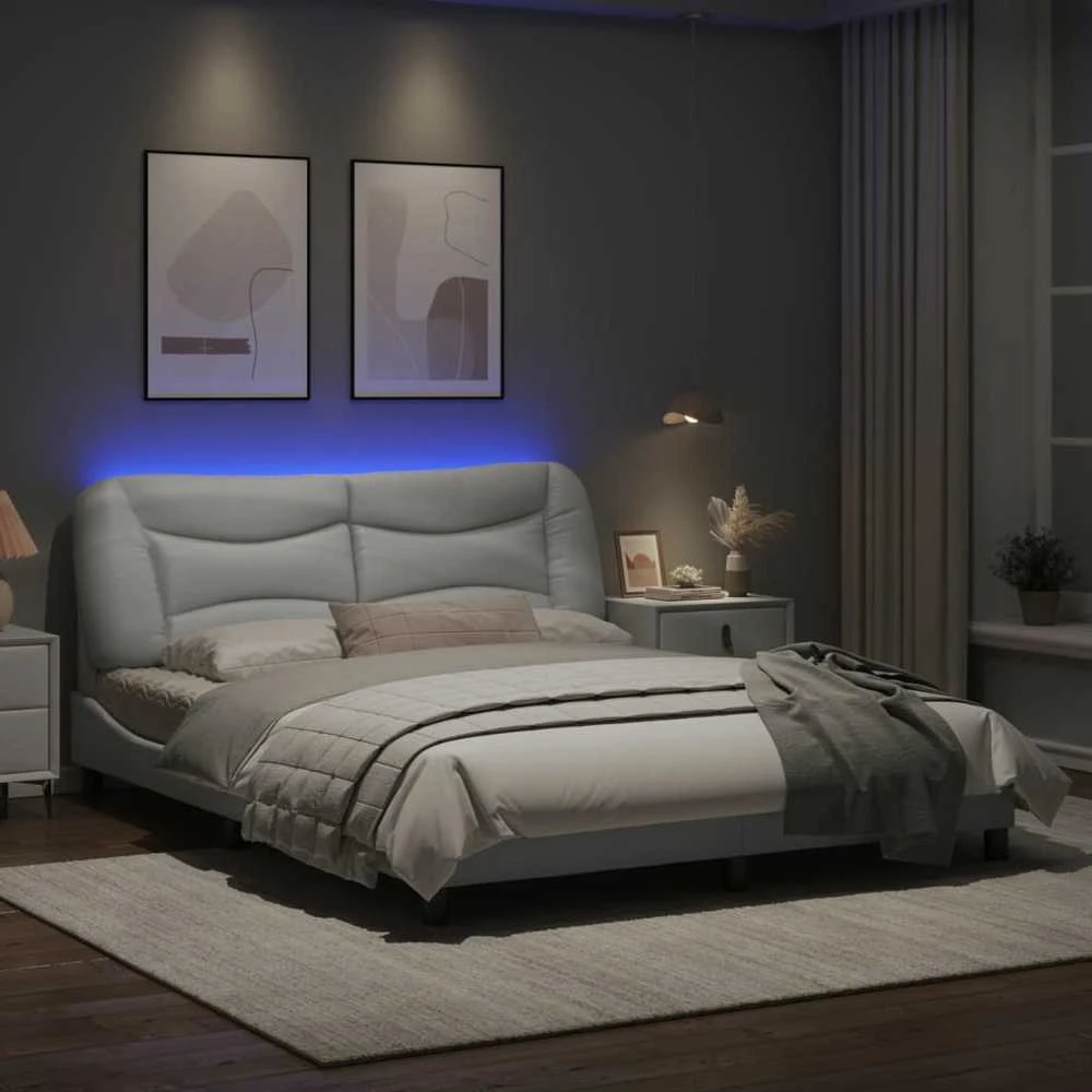 Lovos rėmas su LED, baltos spalvos, 160x200cm, dirbtinė oda
