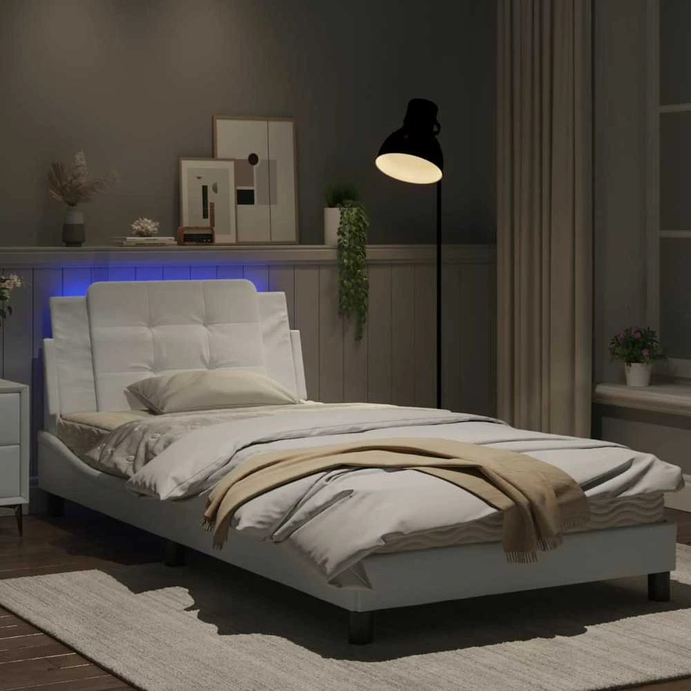 Lovos rėmas su LED, baltos spalvos, 100x200cm, dirbtinė oda