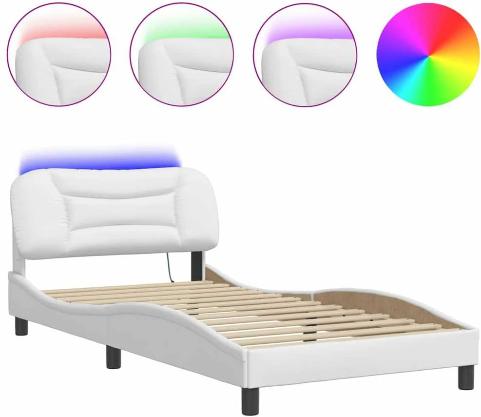 Lovos rėmas su LED, baltos spalvos, 100x200cm, dirbtinė oda