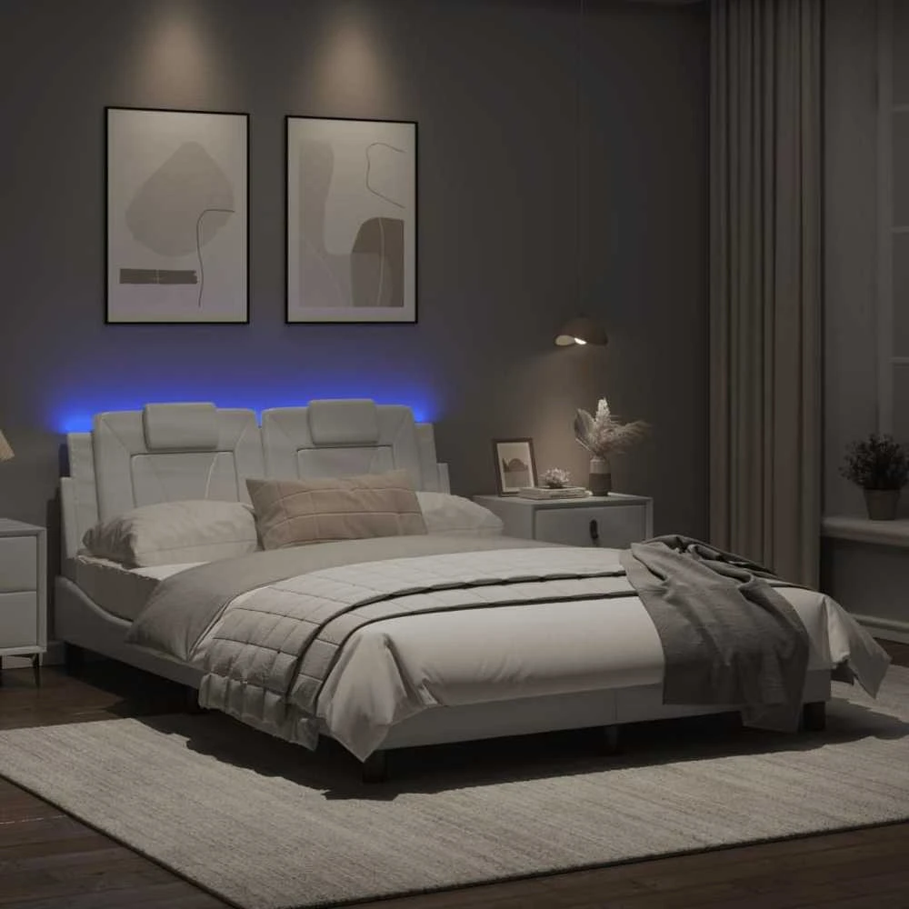 Lovos rėmas su LED, baltos spalvos, 120x200cm, dirbtinė oda