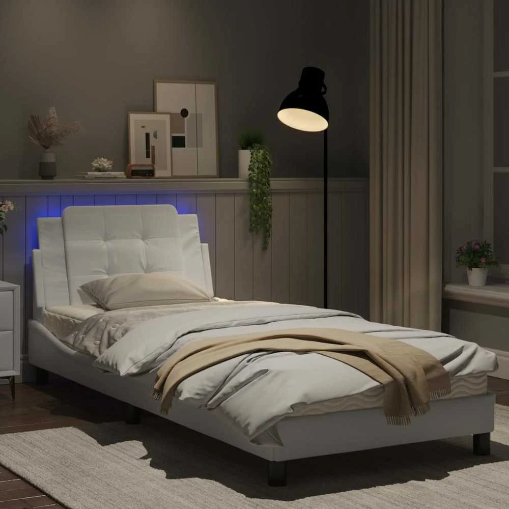 Lovos rėmas su LED, baltos spalvos, 90x200cm, dirbtinė oda