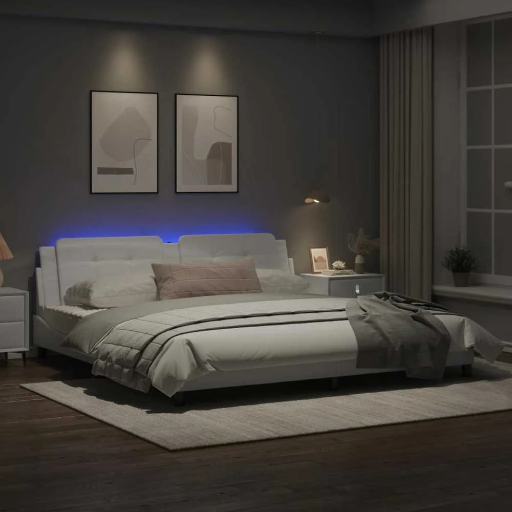 Lovos rėmas su LED, baltos spalvos, 200x200cm, dirbtinė oda