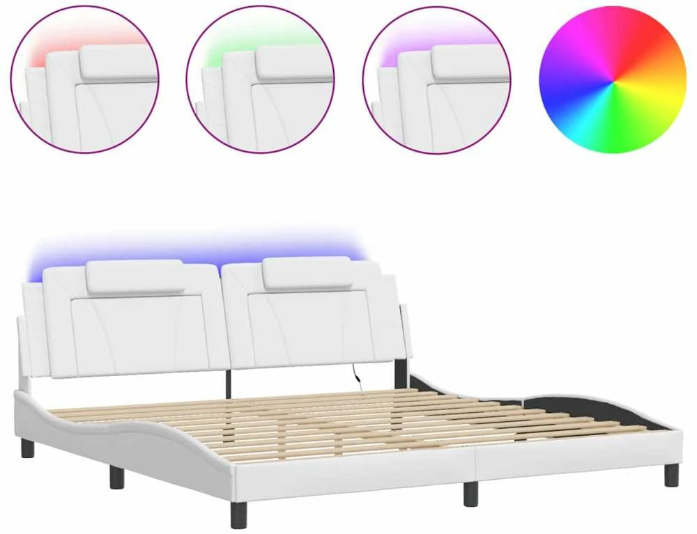 Lovos rėmas su LED, baltos spalvos, 200x200cm, dirbtinė oda