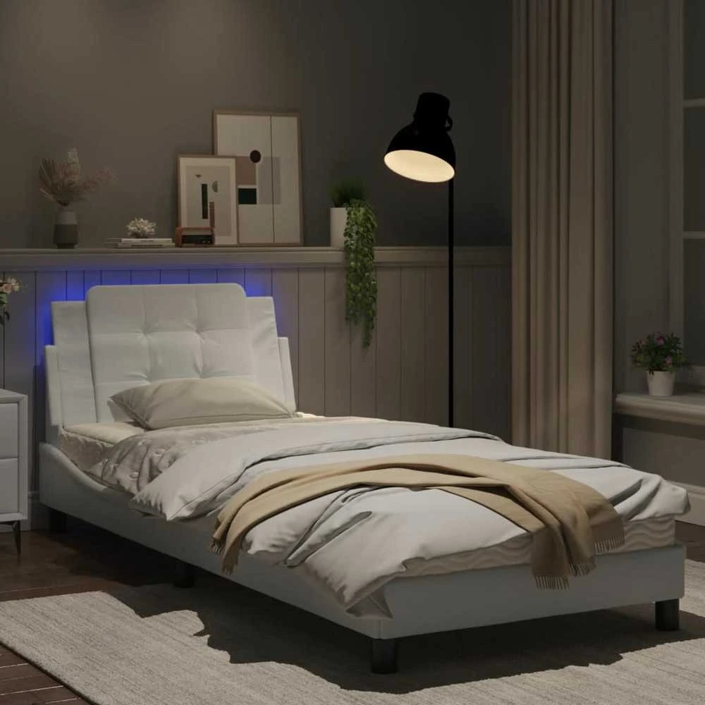 Lovos rėmas su LED, baltos spalvos, 80x200cm, dirbtinė oda