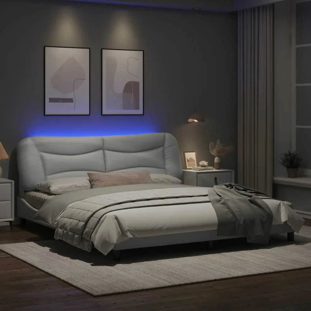 Lovos rėmas su LED, baltos spalvos, 180x200cm, dirbtinė oda