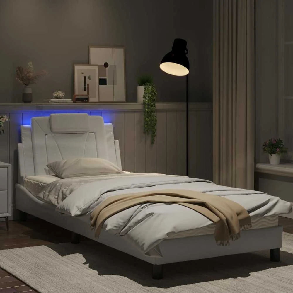 Lovos rėmas su LED, baltos spalvos, 80x200cm, dirbtinė oda