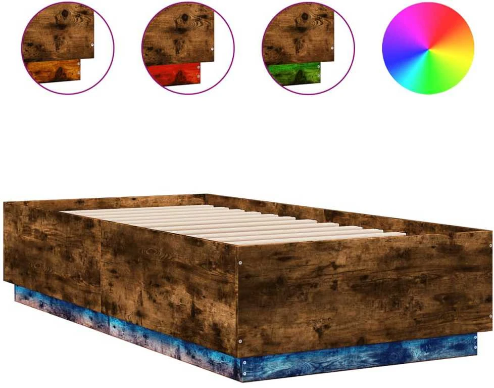 Lovos rėmas su LED, dūminio ąžuolo, 90x190cm, apdirbta mediena