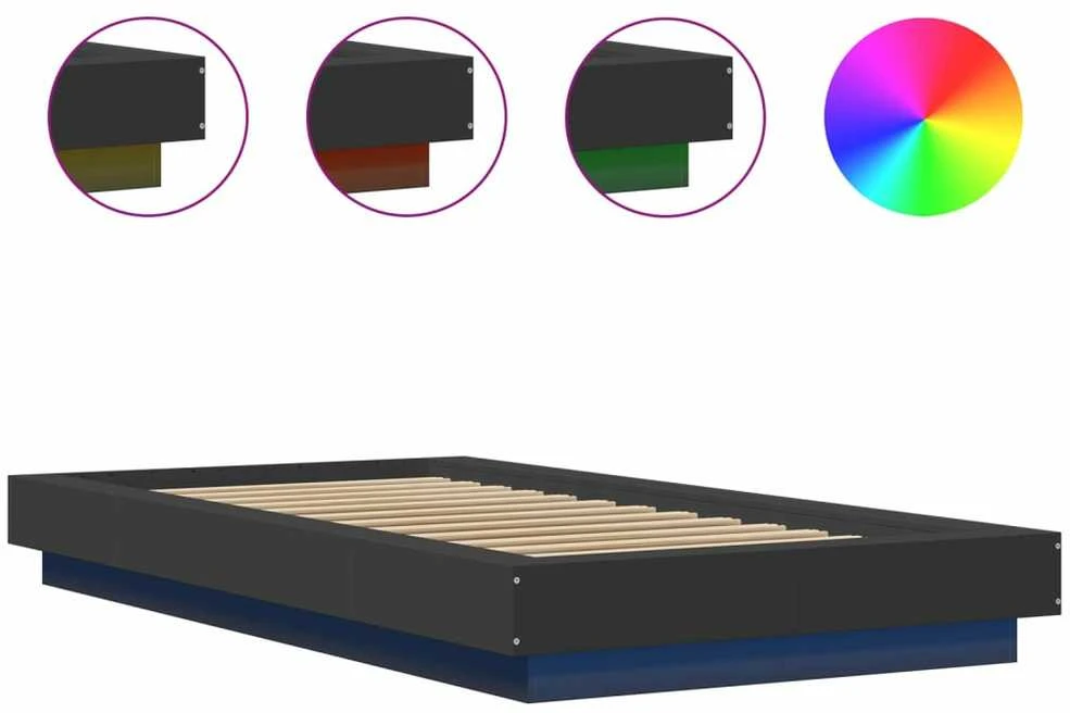 Lovos rėmas su LED, juodas, 90x190cm, apdirbta mediena