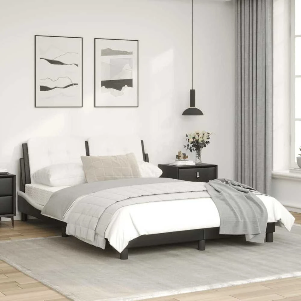 Lovos rėmas su LED, juodas ir baltas, 140x190cm, dirbtinė oda