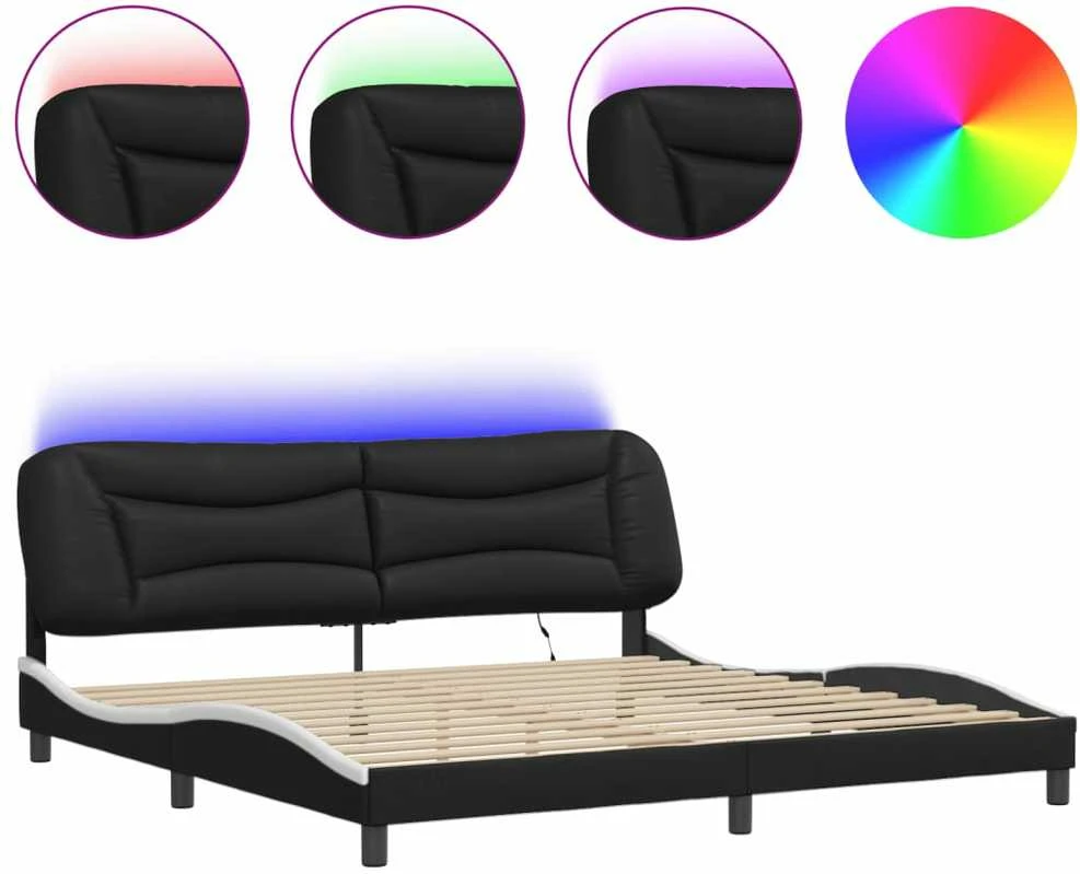 Lovos rėmas su LED, juodas ir baltas, 200x200cm, dirbtinė oda