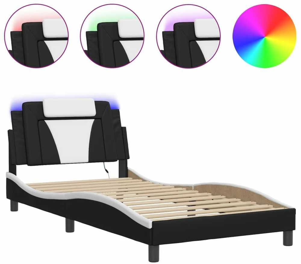 Lovos rėmas su LED, juodas ir baltas, 100x200cm, dirbtinė oda