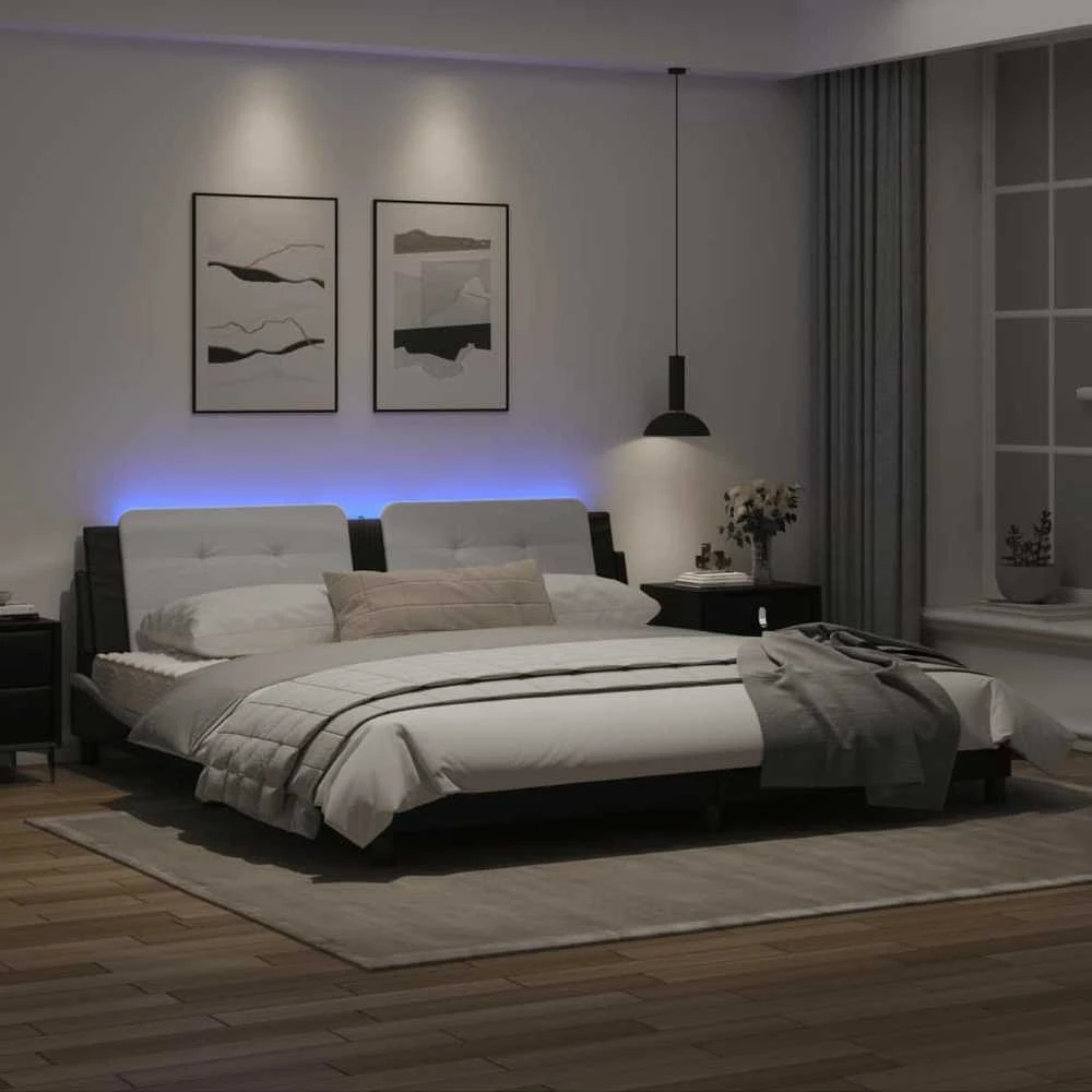 Lovos rėmas su LED, juodas ir baltas, 200x200cm, dirbtinė oda