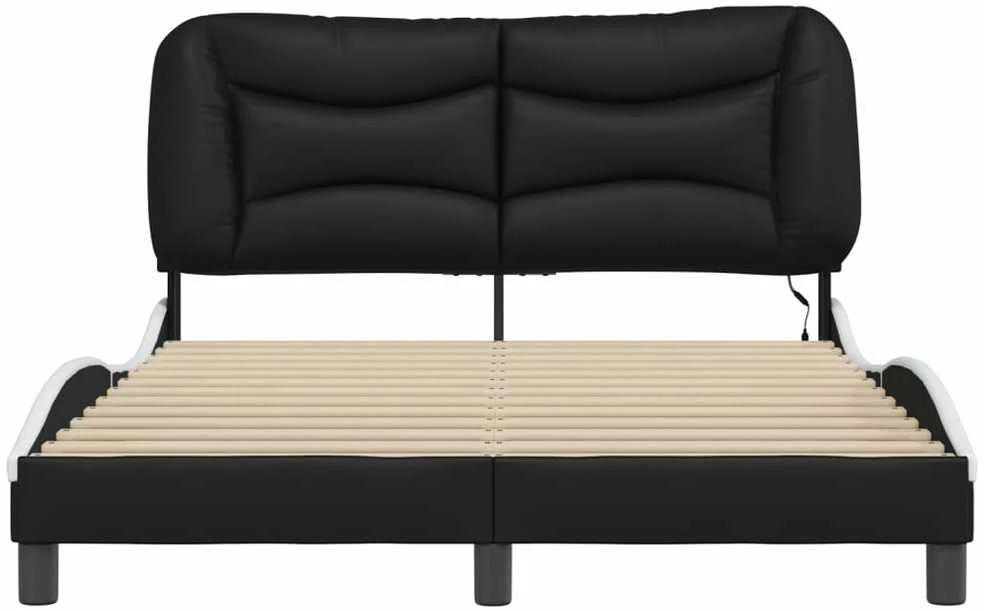 Lovos rėmas su LED, juodas ir baltas, 140x200cm, dirbtinė oda