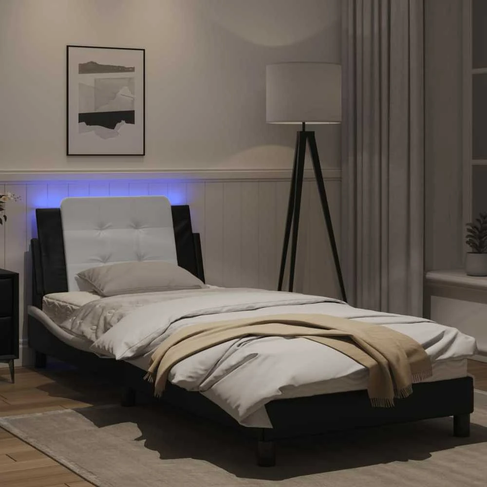 Lovos rėmas su LED, juodas ir baltas, 90x190cm, dirbtinė oda