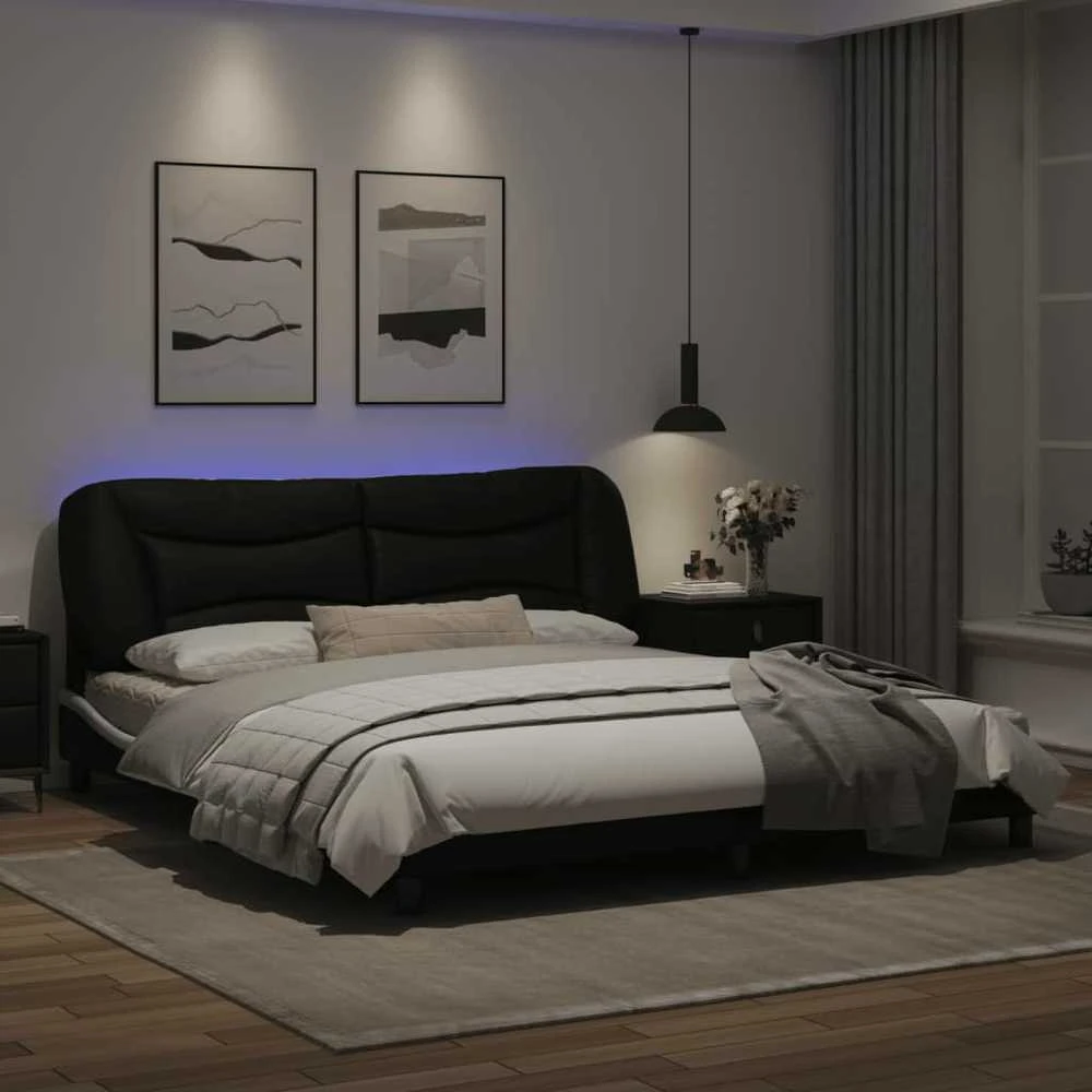 Lovos rėmas su LED, juodas ir baltas, 180x200cm, dirbtinė oda