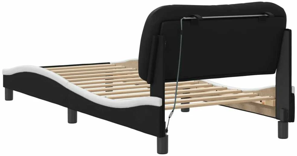 Lovos rėmas su LED, juodas ir baltas, 90x190cm, dirbtinė oda