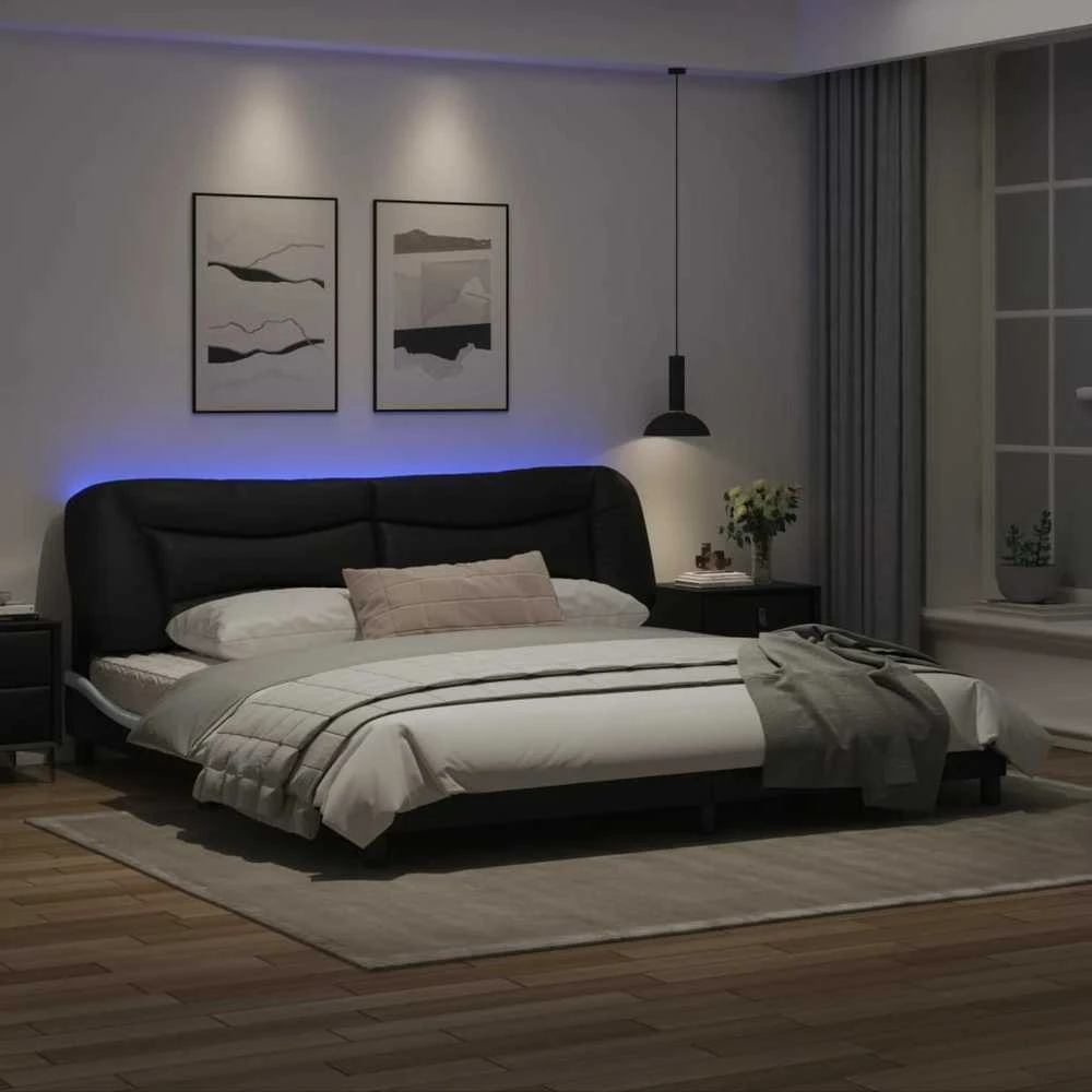 Lovos rėmas su LED, juodas ir baltas, 200x200cm, dirbtinė oda