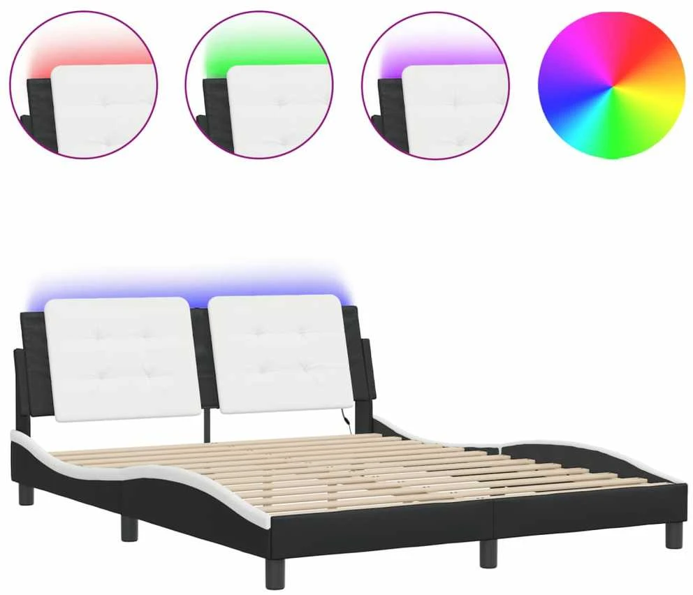 Lovos rėmas su LED, juodas ir baltas, 160x200cm, dirbtinė oda
