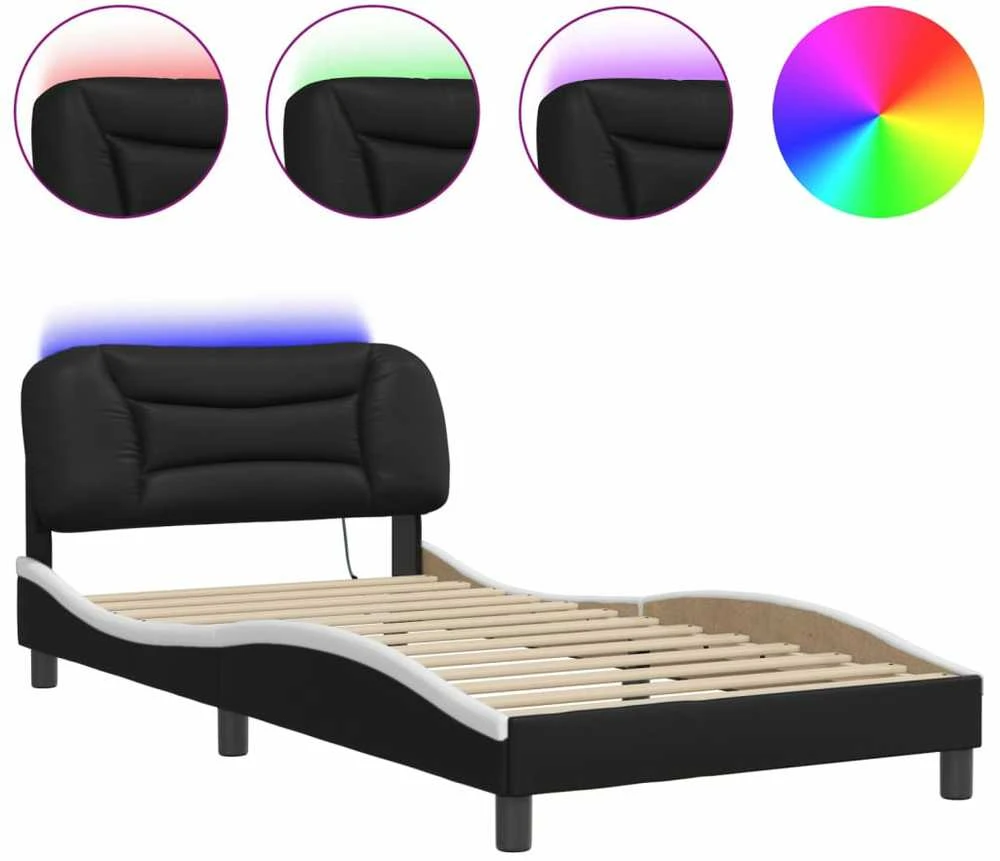 Lovos rėmas su LED, juodas ir baltas, 100x200cm, dirbtinė oda