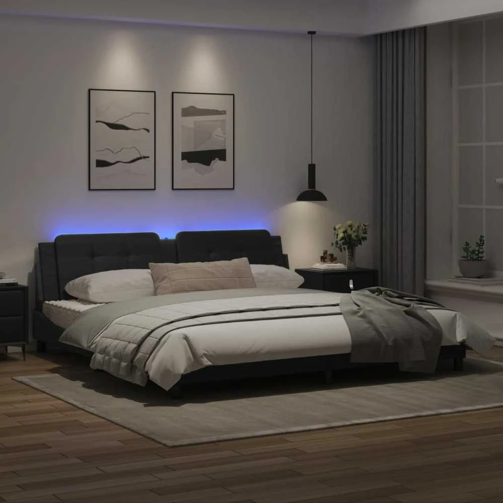 Lovos rėmas su LED, juodos spalvos, 200x200cm, dirbtinė oda